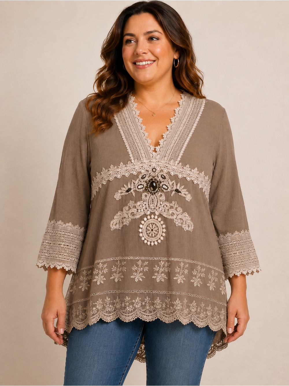 Passion Concept Lace Tunic Top XL Boho Sheer Crochet Beige Y2K